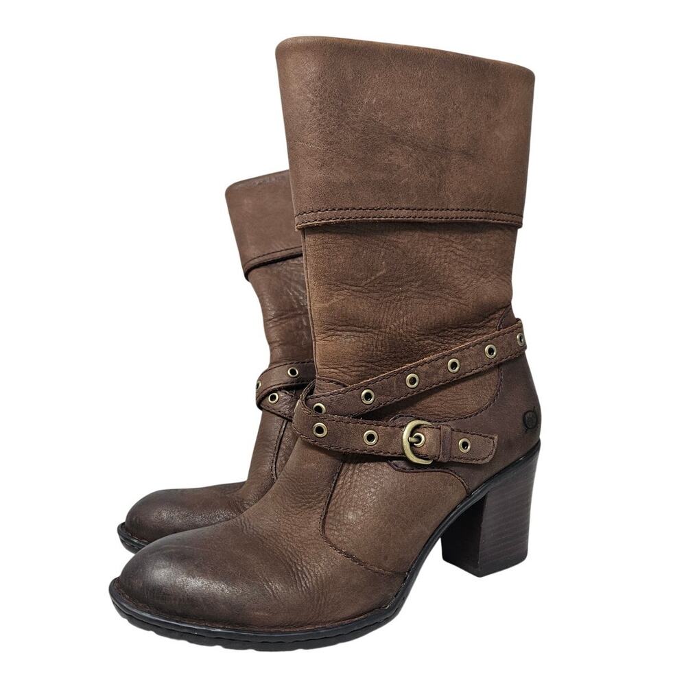 Born 8 Gilary Brown Leather Mid Calf Belted Boot Western Boho Cottage Whimsygoth